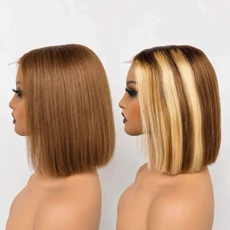 Brown & P4/613 Highlight Bone Straight Bob Wig – 250% Density Human Hair 2X6 Closure Wig