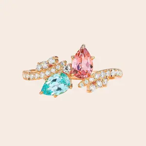 Rose Gold Toi et Moi Ring with Pink Sapphire & Blue Tourmaline Pears, pavé moissanite sparkle — handmade in LA, made to order 7–10 days — pear two stone engagement ring 14k rose gold promise ring anniversary gift