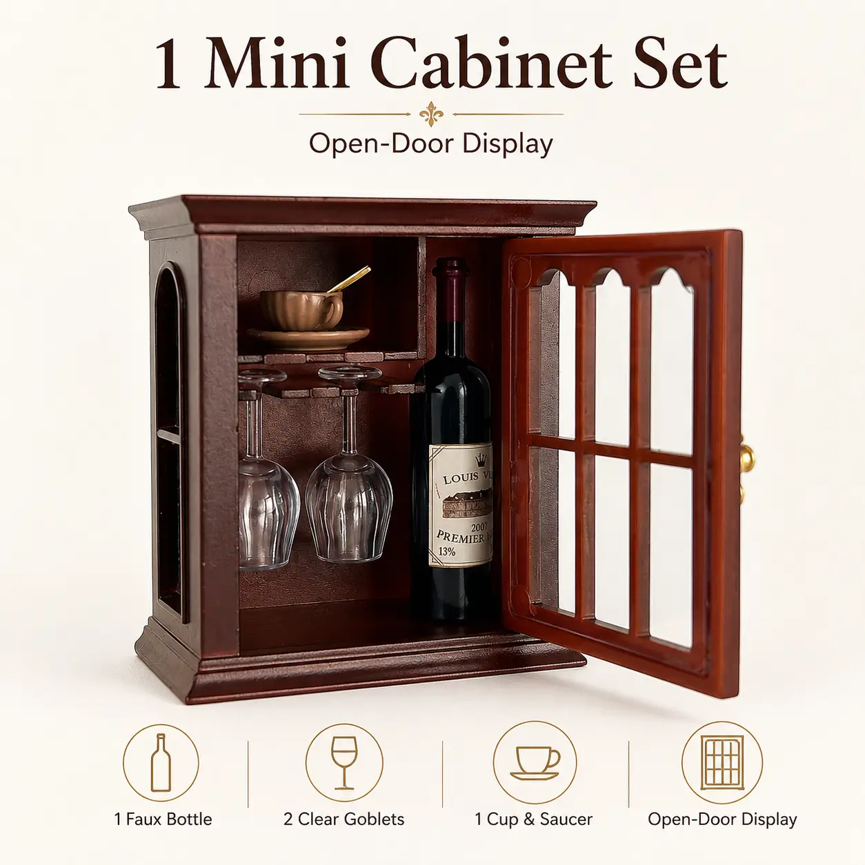 Mini Wine Cabinet Fridge Magnet Set, 1:12 Scale Open-Door Mini Display Cabinet with Faux Bottle, Cup & Goblet Details, Decorative Desktop Ornament Transparent