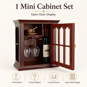 Mini Wine Cabinet Fridge Magnet Set, 1:12 Scale Open-Door Mini Display Cabinet with Faux Bottle, Cup & Goblet Details, Decorative Desktop Ornament Transparent
