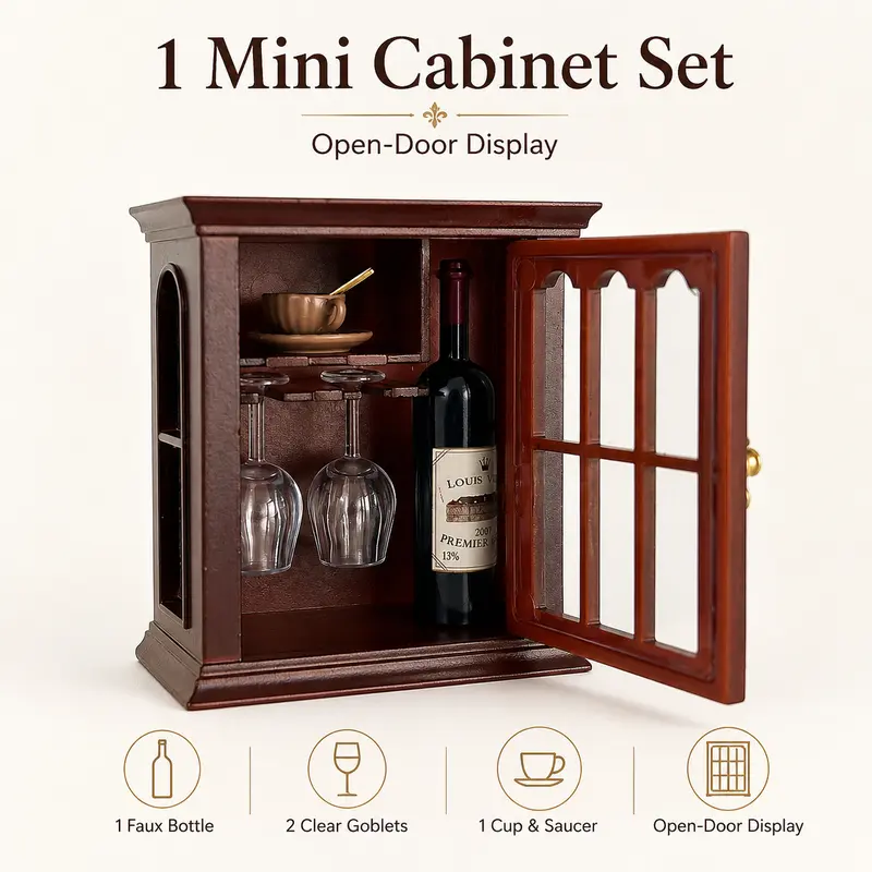 Classic 1:12 Scale Mini Wine Cabinet Fridge Magnet Set - 2x1.5 In Compact Fit, Open-Door Transparent Boxes with Faux Bottles, Cups, Glasses & Detailed Interior Accessories, Desk Decor, Vintage Room Decor, Novelty Home Displays, Fridge Display Prop