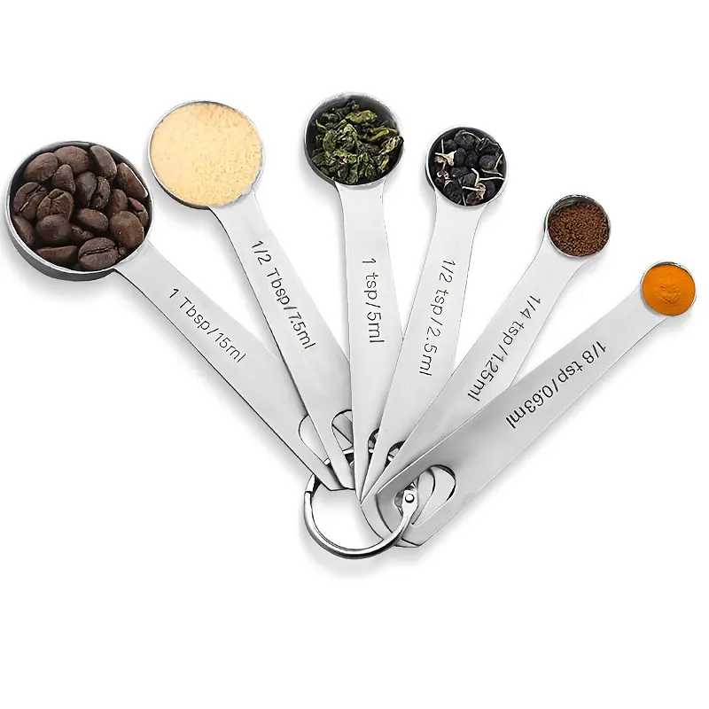 6-piece set of stainless steel cooking measuring tools small spoons with metric and American units of measurement - suitable for liquid and dry ingredients kitchen utensils including spice spoons and coffee spoons kitchen accessories