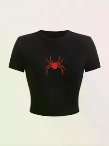 Spider Print Baby Tee, Y2K Graphic Shirt, Dark Aesthetic Streetwear Shirt, Halloween Style Top, Trendy Unisex Gift for Women