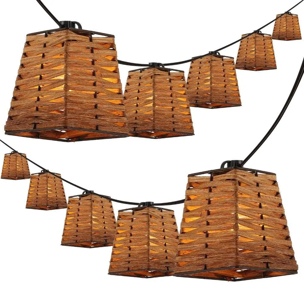 JONATHAN Y Quinn 10-Light Indoor/Outdoor 10 ft. Classic Vintage Incandescent G40 Square Bamboo Shaded String Lights; for Living Room, Bedroom, Kitchen, Office
