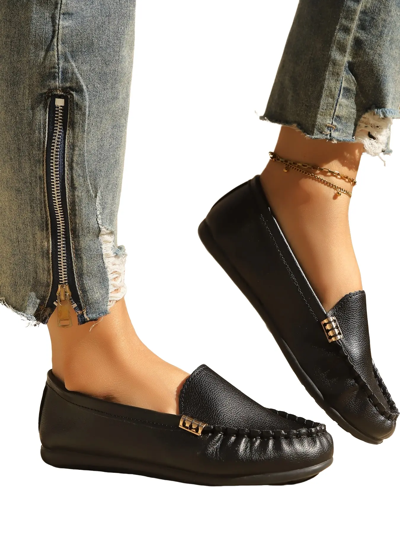 Spring Summer New Chunky Round Toe Slip-On Loafers, Breathable Casual Comfort Flat Shoes, Metal Buckle Design, Perfect for Daily Wear, Slip On Flats, Casual Fashion Shoes