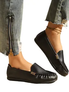 Spring Summer New Chunky Round Toe Slip-On Loafers, Breathable Casual Comfort Flat Shoes, Metal Buckle Design, Perfect for Daily Wear