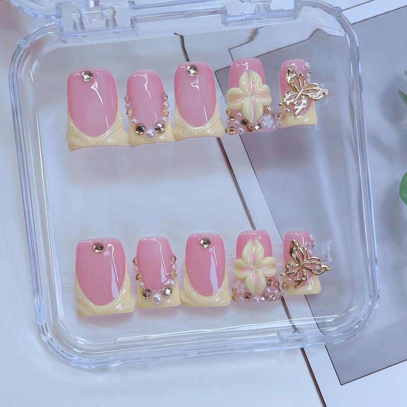 3D Floral Nails & Bling Fake Nails, Cow Pattern French Tip & Pink Bow And Pink Little Flower Accents, 10pcs/Set Fashion Handmade Press on Nails, For Women Girls Nail Art, Effortless Press on Nails / Anicure Setf. Duck Nails, Short Nails. Nail Supple