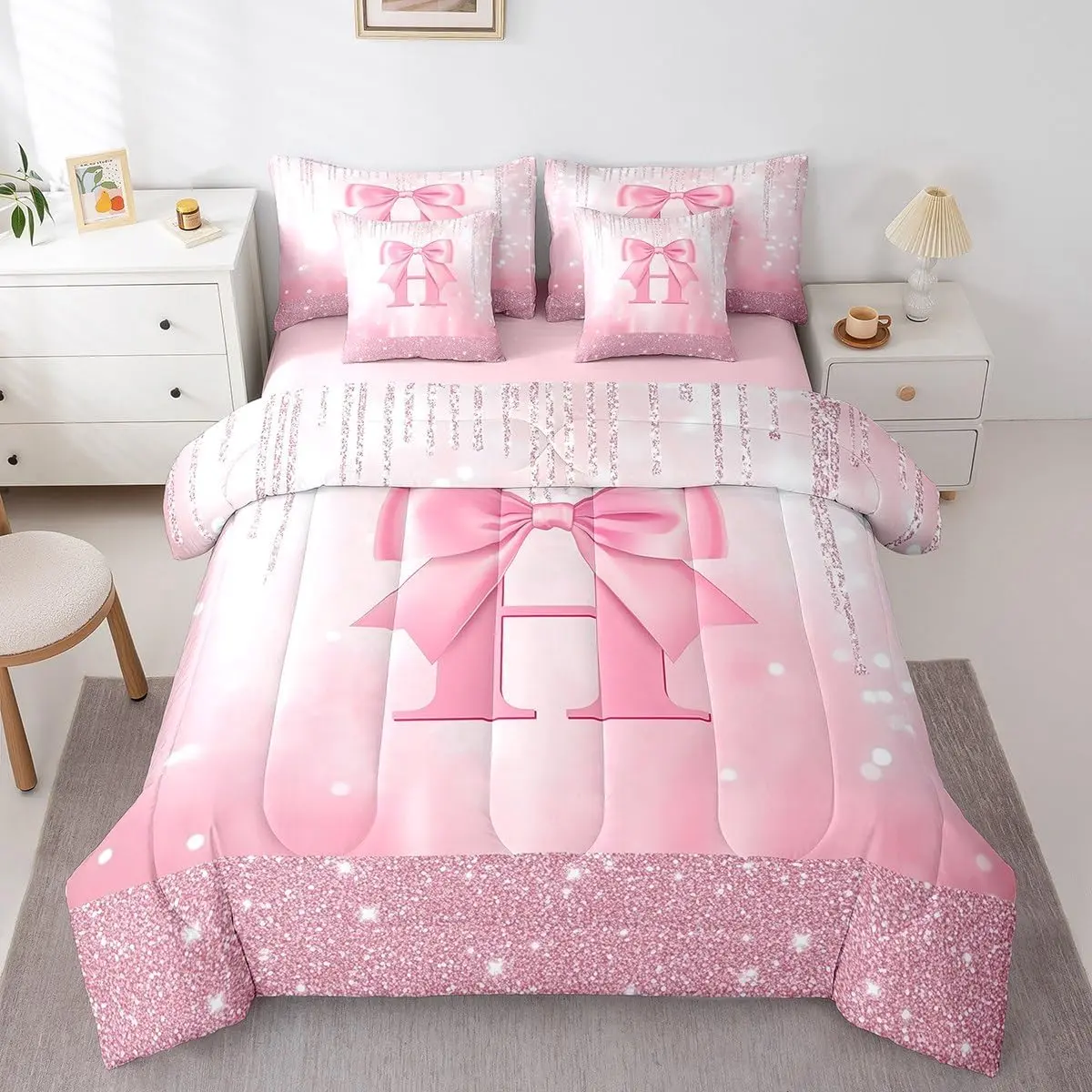 Kids Pink Bowknot 7 Pieces Bedding Set,Personalized Initial H Bed in A Bag Princess Glitter Comforter Set with Sheets Bow Alphabet Bed Set Bedroom Decor 7Pcs