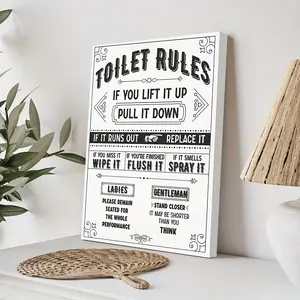 2D Flat Bathroom Wall Art Toilet Rules Prints Signs Funny Bathroom Canvas Wall Decor Bathroom Quotes Sayings Poster Black & White Print Pictures For Restroom Washroom Wall Decor, Framed