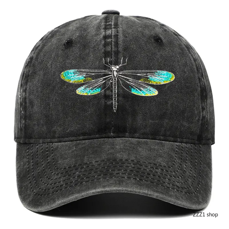 Washed Black Baseball Cap for Adults with Dragonfly Embroidery - Sun Protection and Universal Sizing for Outdoor Activities, Black Cap, Casual Sports Cap
