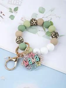 1 Count Mama Floral Acrylic Charm Keychain Bracelet, Leopard Print Silicone Beaded Wristlet Key Holder, Boho Style Key Ring Bag Charm, floral pattern keychain, Mother's Day Gift for Women