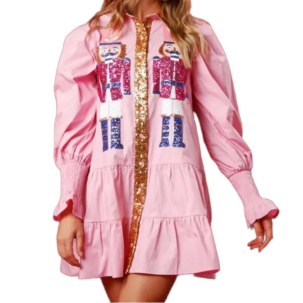 Women's Casual Christmas Sparkly Nutcracker Sequin Shirt Dress - Long Sleeve, Collared, Button-Down, A-Line Twirl Skirt, Embroidery, Plaid, Glitter, Comfortable Lady's Dress for Holiday Cocktail & Ballet Parties