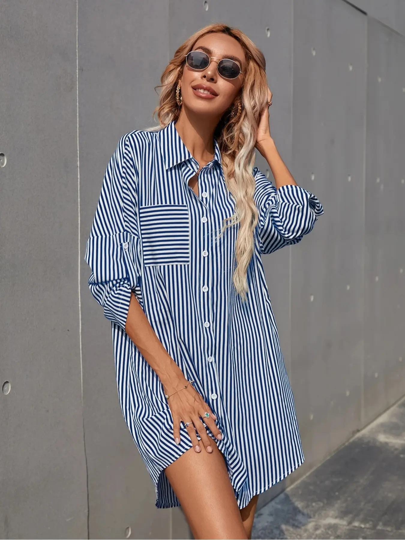 Women's Striped Print Button Long Sleeve Dress, Casual Chic Collared Dress for Summer, Ladies Clothes for Daily Wear Womenswear