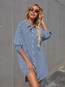 Women's Striped Print Button   Dress, Casual Collared Dress for Summer, Ladies Clothes for Daily Wear