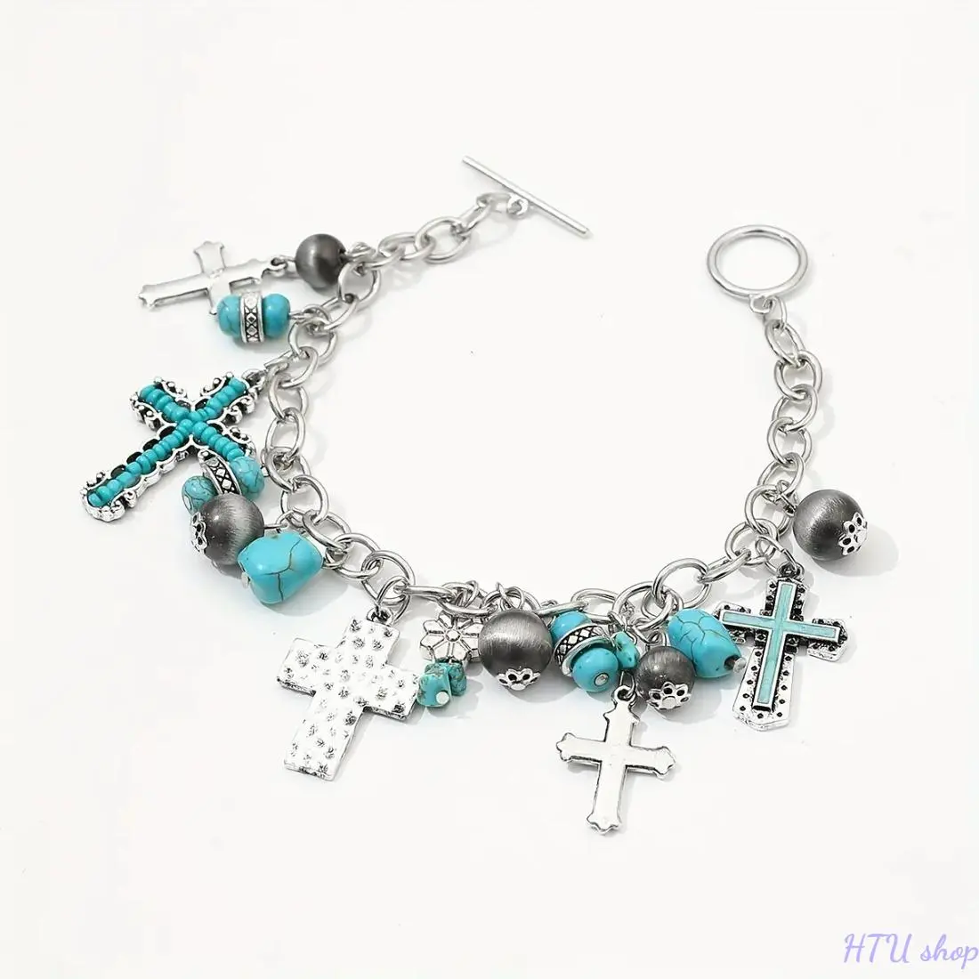 Unisex Handmade Charm Beach Bangle, Stainless Steel Jewelry with Vintage Ethnic Cross Pendant, Turquoise Beads & Secure OT Buckle for Party, Vacation, Secure Closure, Buckle Fit, Fashion Cross Bangle, Boho Style Beaded, Secure Buckle