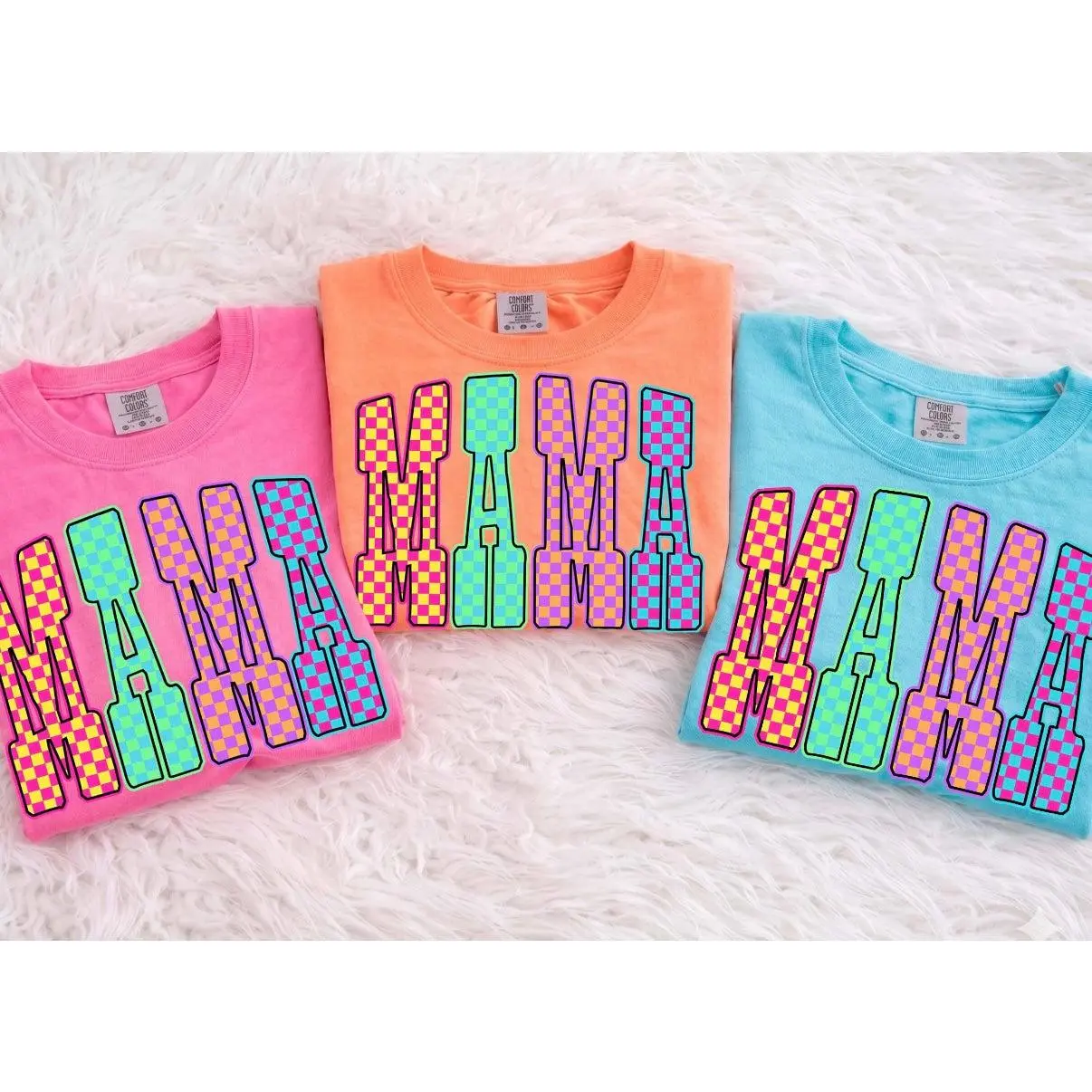 Retro Checkerboard Mama Tee | Colorful Neon Mama Shirt | Trendy Motherhood Graphic Tee | Comfort Colors Shirt