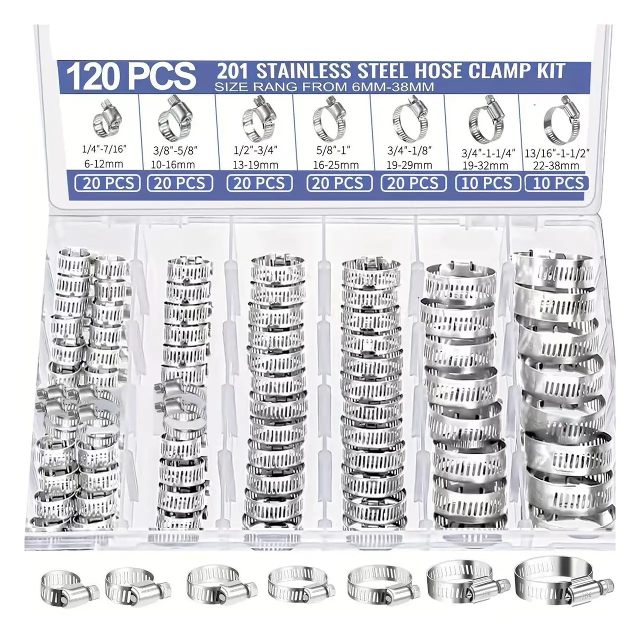 120 Piece Stainless Steel Hose Clamp Kit, Versatile Hose Installation, 1/4''-1-1/2'' Spiral Gear, Durable Metal Rings, Fuel Lines, Pipes, Cars, Machinery, Garden, Discharge Hose, Drain Hose