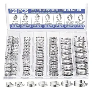 201 Stainless Steel Hose Clamp Kit, 120-Piece Adjustable 7-Size Set, 1/4"-1-1/2" Spiral Clamps for Automotive Hose Installation