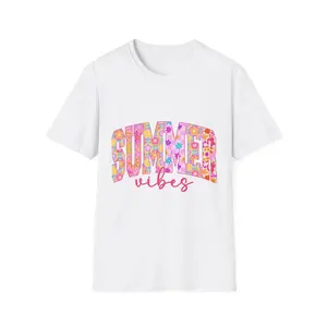 Women's summer vibes Graphic T-Shirt - Short Sleeve Crew Neck Regular Fit Casual Wear | Soft & Breathable Fabric, Durable Print, Everyday Comfort, Machine Washable, floral pattern, colorful retro letters casual summer wear, beach or vacation setting