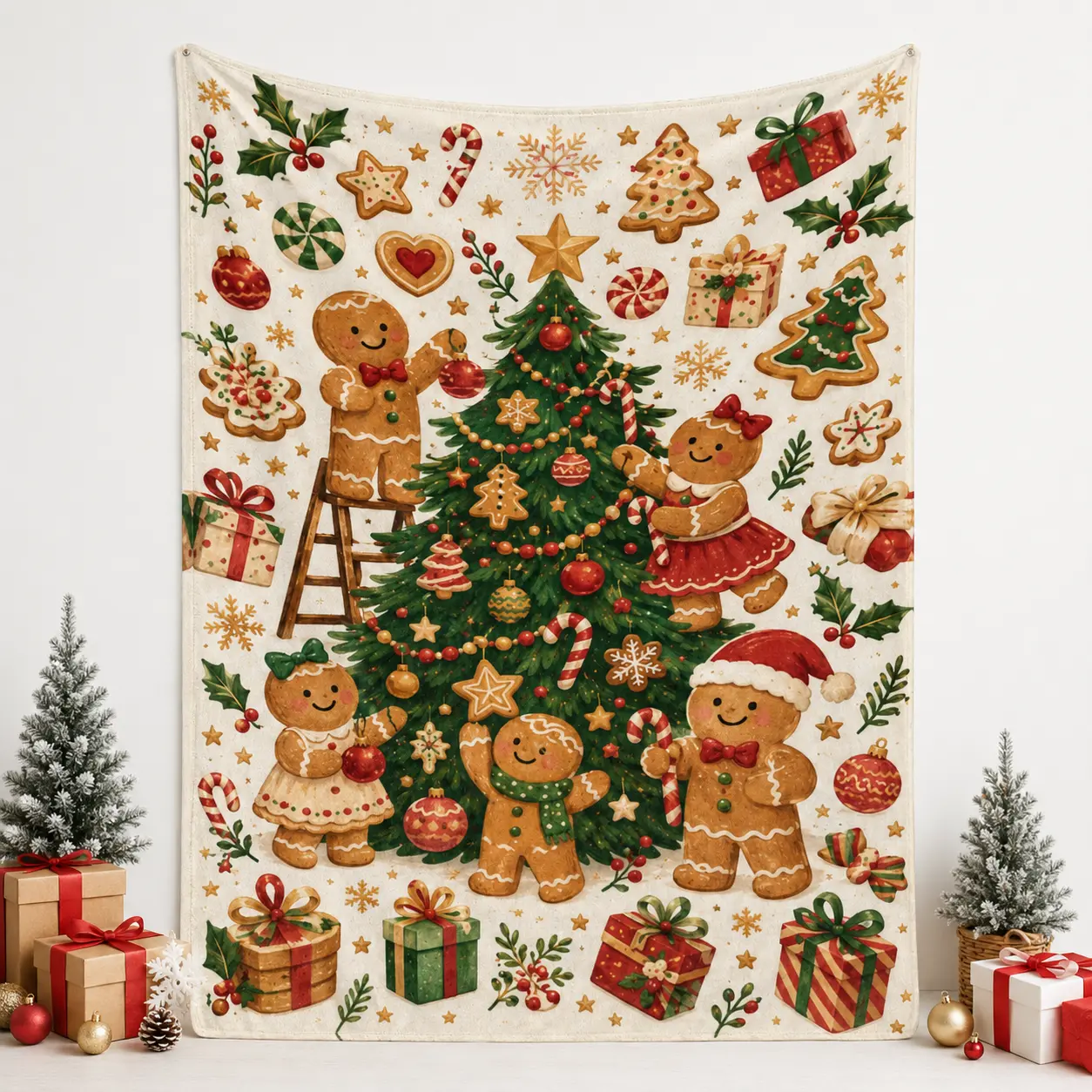 Christmas Gingerbread Family Flannel Throw Blanket, Cute Holiday Cookie Tree Soft Cozy Fleece Blanket, Festive Winter Home Decor for Bedroom Sofa Couch Christmas Gift
