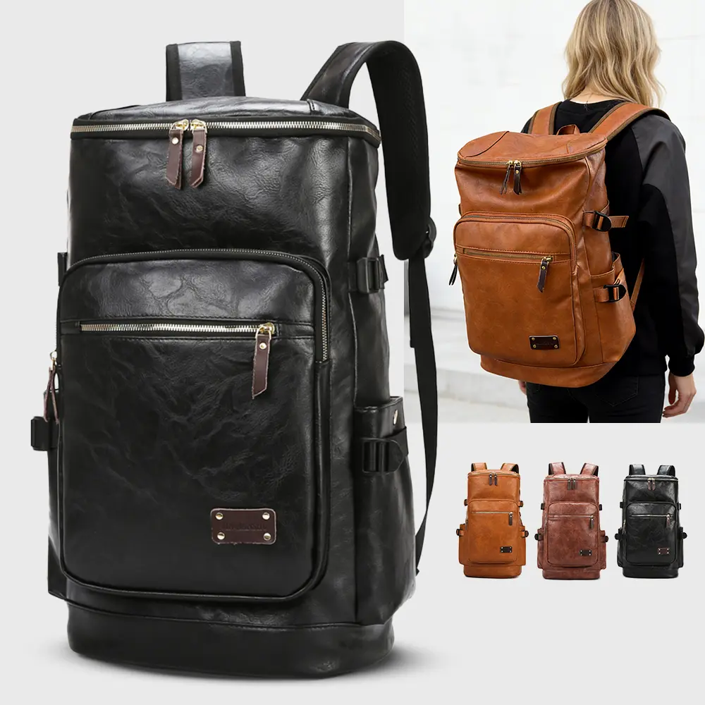Vintage PU Leather Backpack for Men, Large Capacity 15.6 Inch Laptop Rucksack, Retro Casual Daypack for Travel Work School