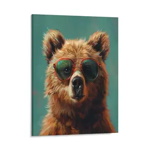 Brown Bear Posters Wall Art Prints Wild Animal Theme Painting Wear Glasses Canvas Posters Home Wall Art Family Bedroom Office Decor Aesthetic Festival Gift