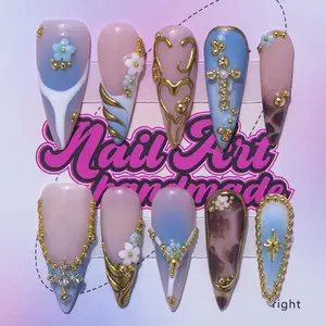 Delicatething Acrylic Nails Set, Y2K Style Long Sharp Tips, Handmade Nail Art Design, 4 Sizes XS S M L, Gold Cross Beads, Perfect Gift for Women