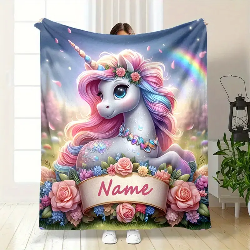 Custom Name Unicorn Blanket - Soft, Warm Flannel with Bright 3D Printed Design - Perfect for Bed, Sofa, Picnic - Ideal Personalized Gift for Teens and Adults on Christmas and Halloween, Unicorn Gift