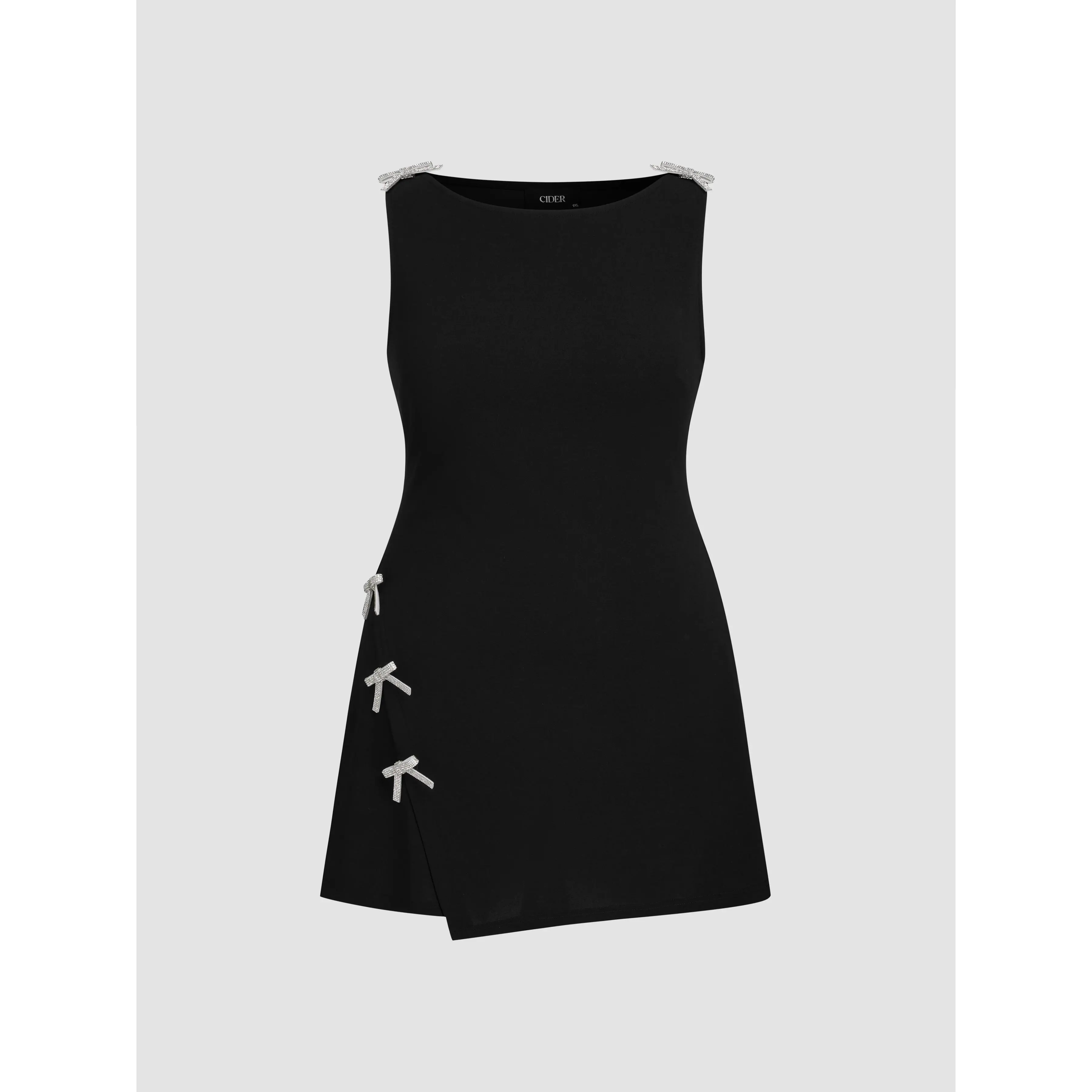Cider Women's Basic Solid Sleeveless Wrap Mini Dress - Boat Neckline, Bowknot Detail - Knitting Casual Dress for Daily Wear, Curve & Plus Sizes