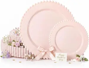 60PCS Pink Plastic Plates - Heavy Duty Beaded Pink Disposable Plates for Mothers Day, Party, Baby Shower, Wedding - Serving 30 Guests Include 30PCS 10inch Dinner Plate & 30PCS 7inch Dessert Plate