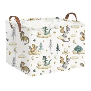 Rectangular Dinosaur Storage Basket, Cloud Moon Star Dragon Egg Baby Blanket Organizer, Watercolor Cute Dragon Fantasy Gift Basket