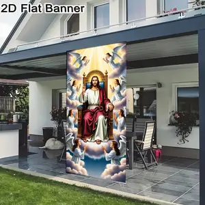2D flat banner, Religious home decor, 1pcDivine Jesus & Angels Throne Scene Wall Art, Holy Christ Red Robe Religious Backdrop for Church Decor, Spiritual Christian Altar Decorations