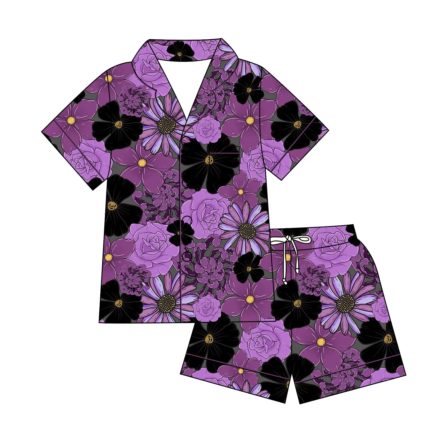 Women's Purple Flowers 2-Piece Short Sleeve-Shorts Pajama Set, Feminine Style Pajama Sets for Women, Two Piece Set, Pajama Sets Women