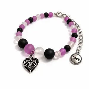 Pink & Black Handmade Beaded Bracelet with Charms Adjustable Featuring Heart and Love Charms