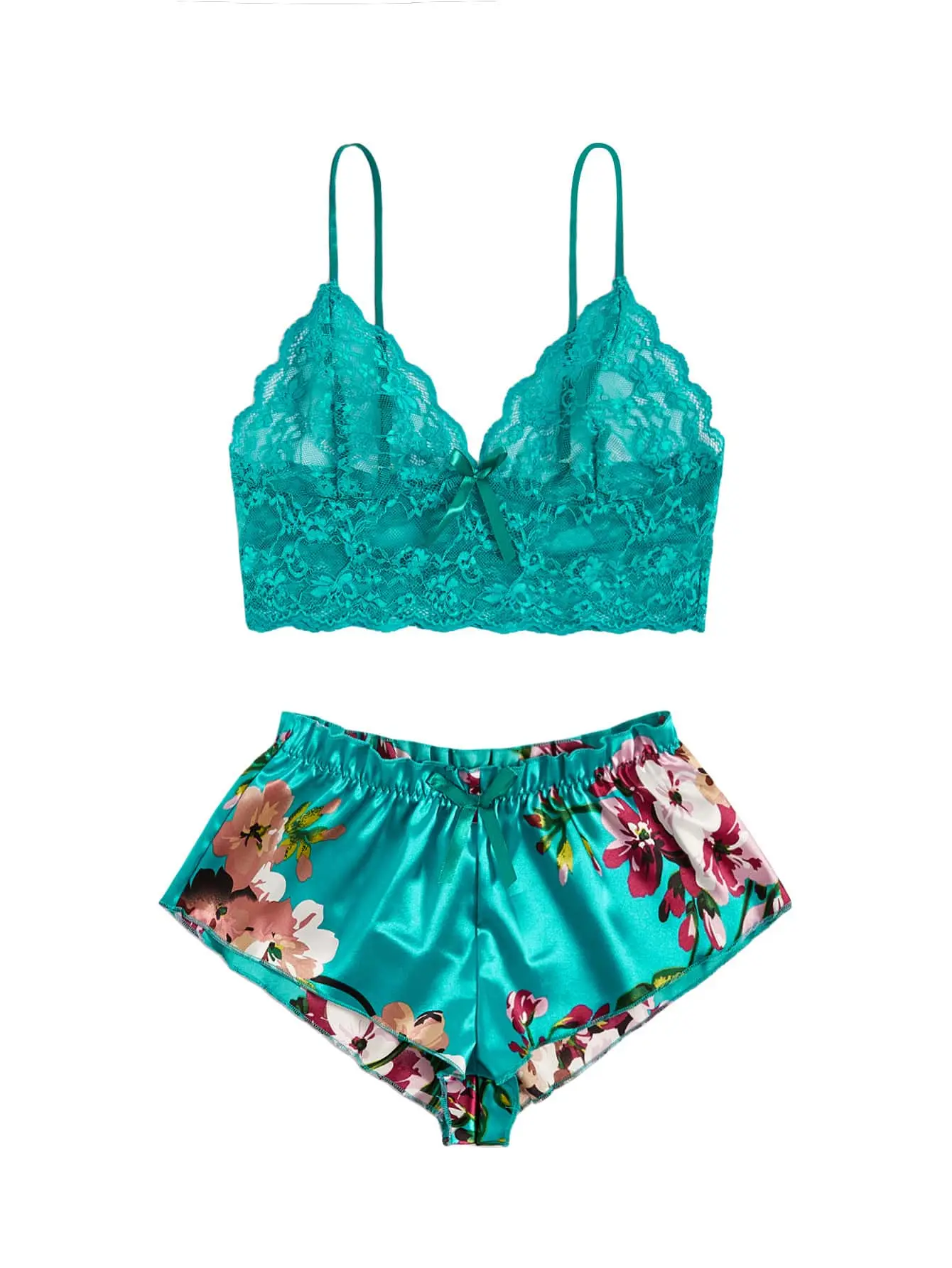 Women's 2PCS Plus-Size Sexy Floral Print Lingerie Outfits - Comfy Satin Lace Camisole & Shorts, Ideal for Valentine's Day & Bachelorette Party Casual Loungewear Sleepwear, Elastic, Top, Pajama Sets Women, Lace Cami Sets, Cute Lace Cami Sets