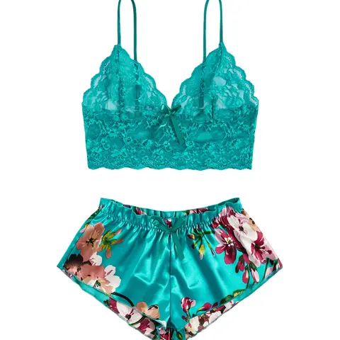 Women's Plus-Size Comfy 2-Piece Sexy Floral Lace Satin Fabric Lingerie Set - Scallop Camisole Top & Elastic Shorts, Plant Print, Ideal for Valentine's Day, Bachelorette Party Intimate Lounging Fit