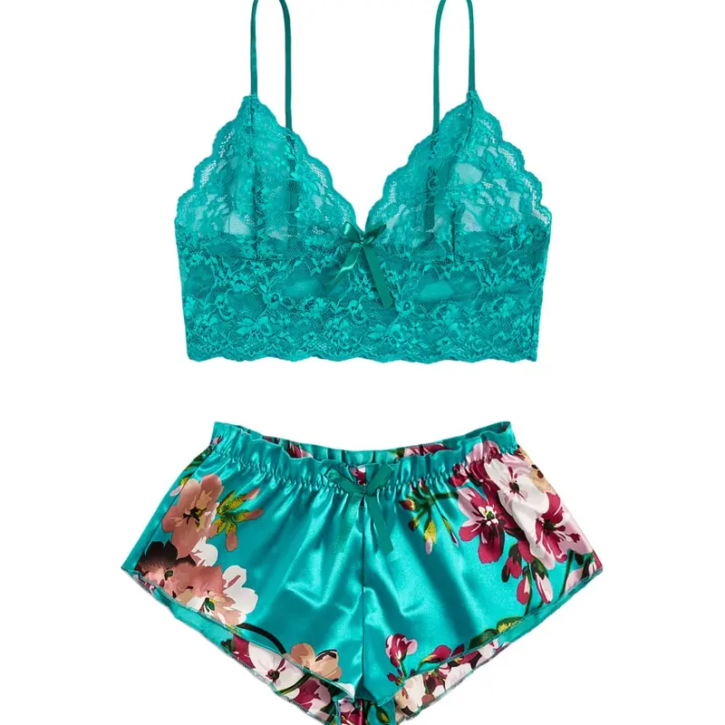 Women's Plus-Size Comfy 2-Piece Sexy Floral Lace Satin Fabric Lingerie Set - Scallop Camisole Top & Elastic Shorts, Plant Print, Ideal for Valentine's Day, Bachelorette Party Intimate Lounging Fit