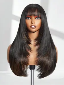 Glueless Black Wig With Bangs, Long Straight Layered Wig Curtain Bangs Wear And Go Beginner Friendly Wigs Synthetic Hair Wig For Women Girls Party Cosplay Daily Use