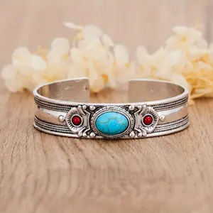 Tribal-Inspired Turquoise Cuff - Adjustable Alloy Bangle with Red Gemstone Accents
