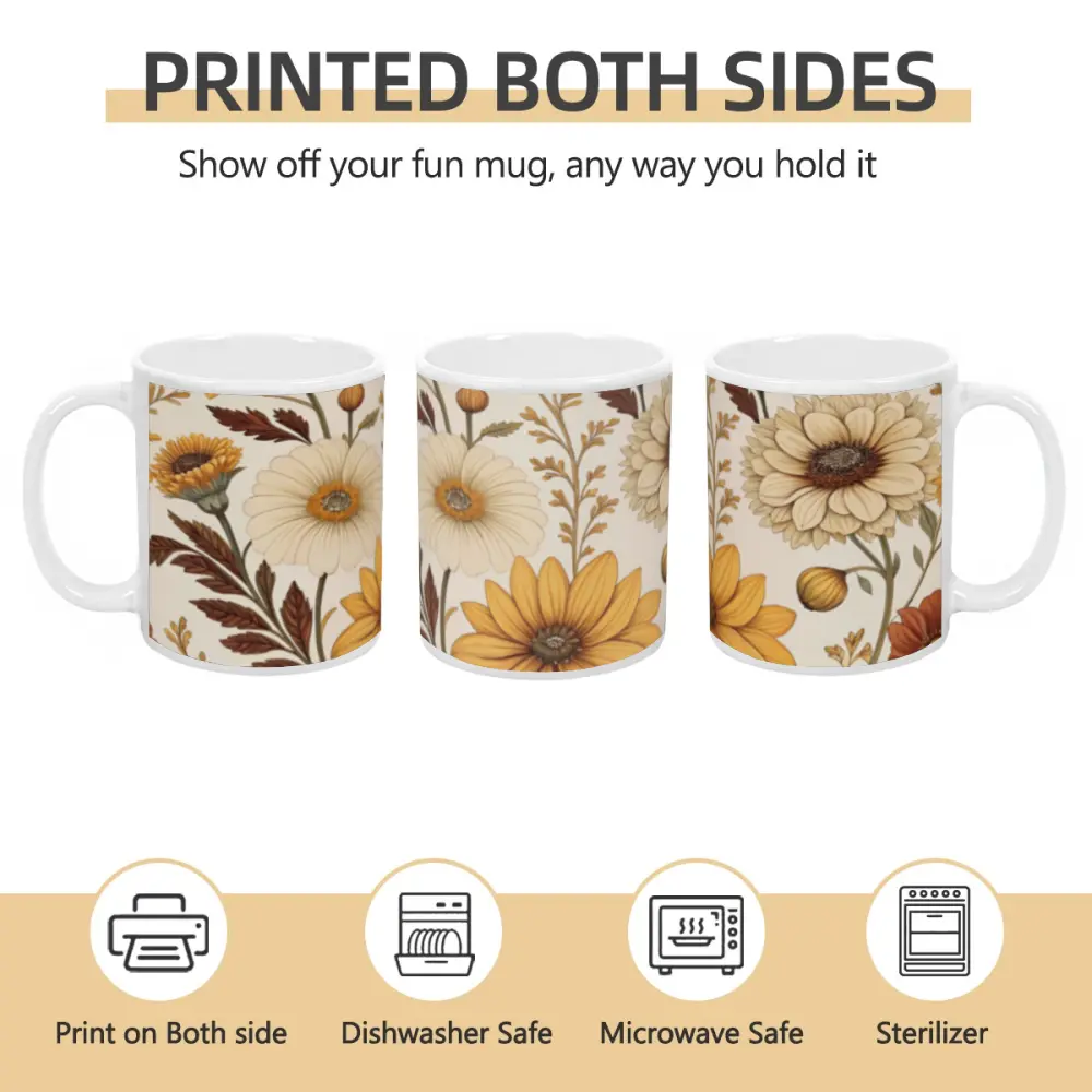 Vintage Fall Sunflower Ceramic Coffee Mug, Double Sided Floral Print 11oz Tea Cup, Microwave & Dishwasher Safe, Cottagecore Autumn Gift For Mom, Best Friend, Women