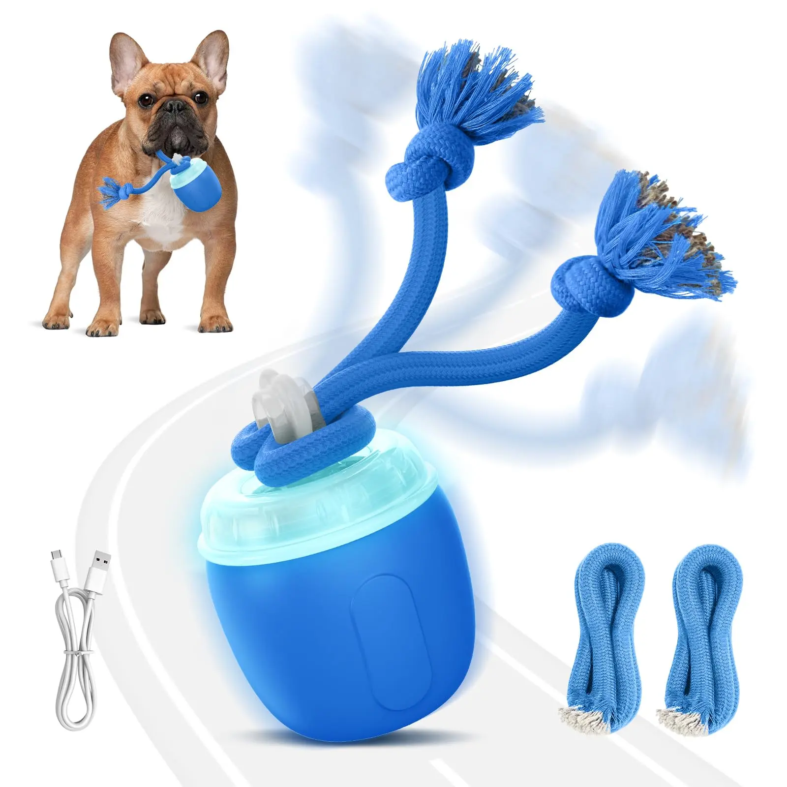 Interactive Dog Toys, Automatic Moving and Rolling Dogs Toy with Rope for Medium/Large Dogs, Interactive Dog Ball to Keep Them Busy(Blue)