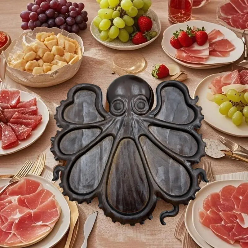 Octopus Charcuterie Serving Platter, Ocean Themed Cheese Board for Meats and Fruits, Unique Kraken Design Wooden Tray, Perfect Gift for Seafood Lovers