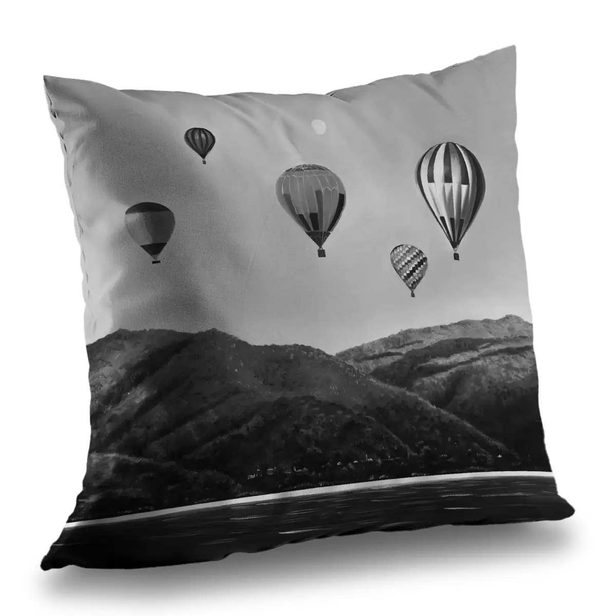 Begin Home Decor C1PT14148IA6ZU 14x14 in. Poly Twill Hyperreal Print Air Balloon Landscape Black Decorative Throw Pillow Cushion - Living Room Decor, Cozy Setup, Artistic Look Home Textile Soft Furnishing, Balloon Scene