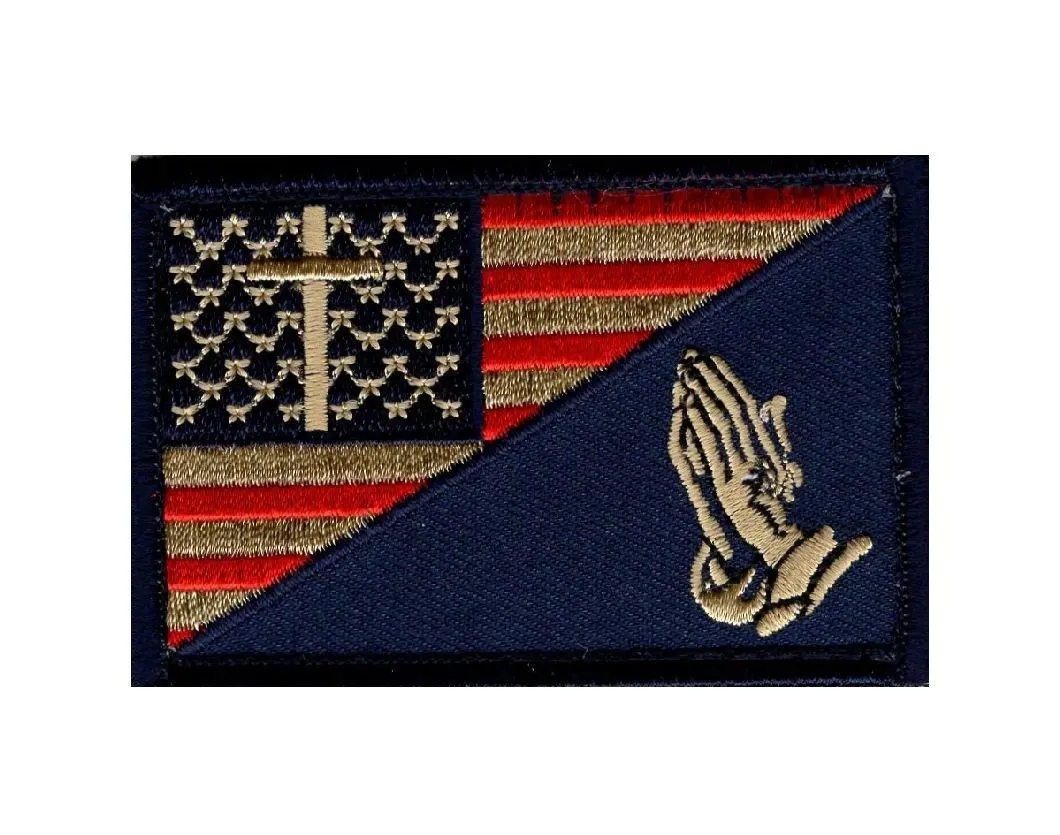 Praying Hand Cross USA Flag Subdued in God Christian Patch [3.0 X 2.0 -Hook Fastener -MTP1]