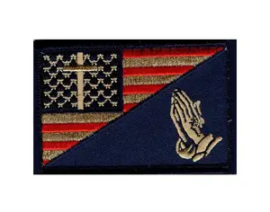 Praying Hand Cross USA Flag Subdued in God Christian Patch [3.0 X 2.0 -Hook Fastener -MTP1]