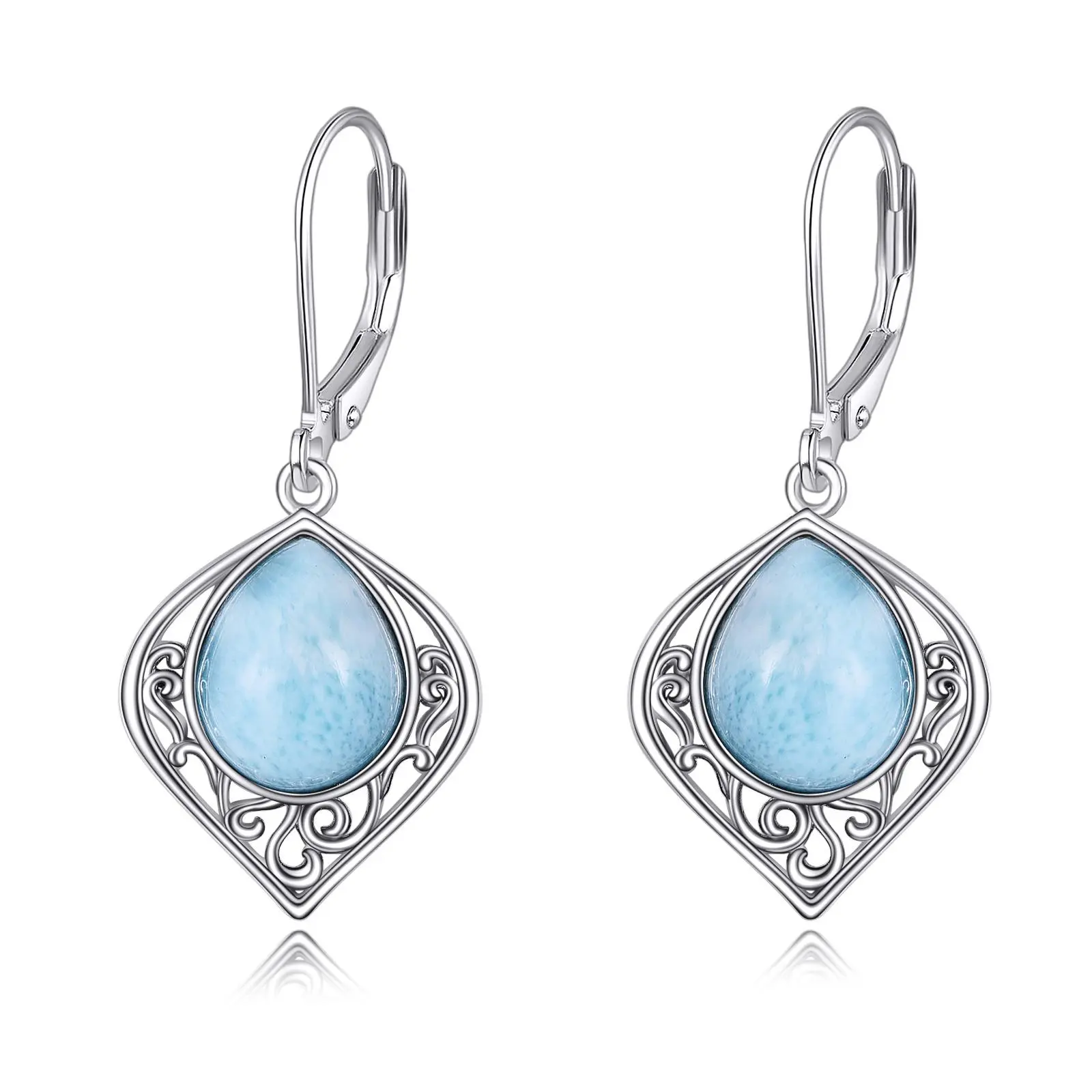 Larimar Earrings for Women 925 Sterling Silver Filigree Teardrop Larimar Earrings Dangle Drop Earrings Jewelry Gifts