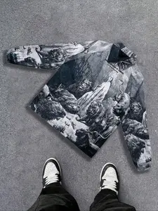 Men's Casual Fashion Street Style Graffiti Long Sleeve Zipper Jacket Coat, Fitted Woven Fabric, Moderate Thickness, Fall & Winter Wear