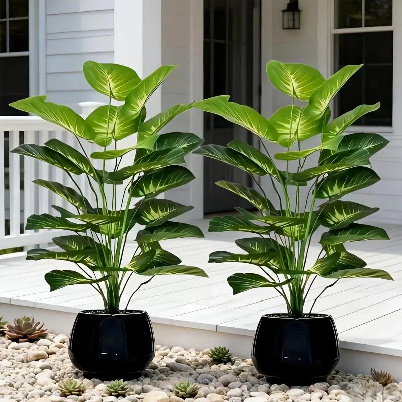 2pcs of Large Nordic Green Plant Potted Artificial Trees,Money Plant Leaves,Green Broadleaf Tropical Rainforest Decorative Trees