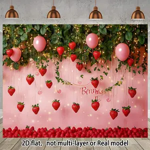 [Strawberry Party Banner] 1pc Vibrant Pink Strawberry-Themed Party Banner | Realistic Strawberry & Green Leaves Design, High-Quality Polyester Photography Backdrop for Birthdays, Weddings, and Fun Photo Booths, Strawberry Party Decorations White