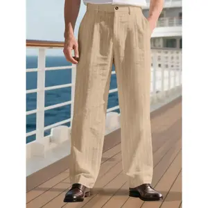 Men’s striped print linen pants — loose, casual, comfortable, breathable trousers for business and leisure; fashionable, stylish pants for all seasons; slant pockets; menswear